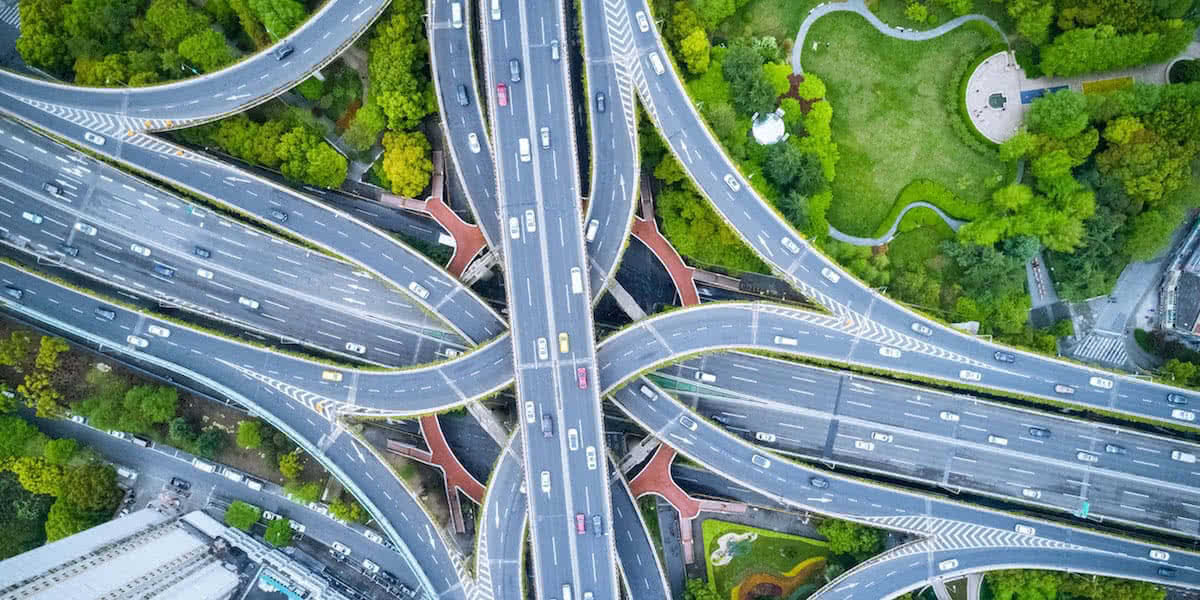 road junction being surveilling by industrial drones