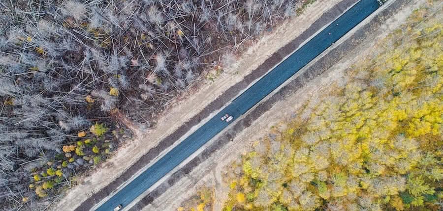 aerial view of a road separating a burned forest