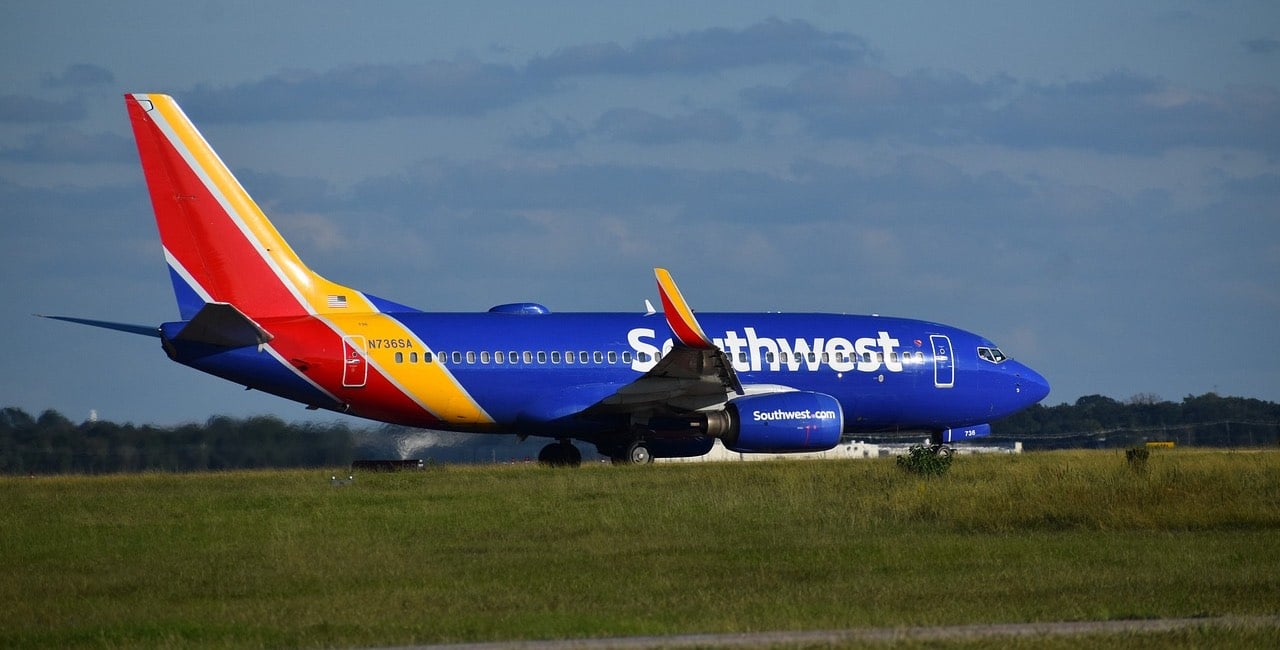 A dark blue commercial aircraft from Southwest airline