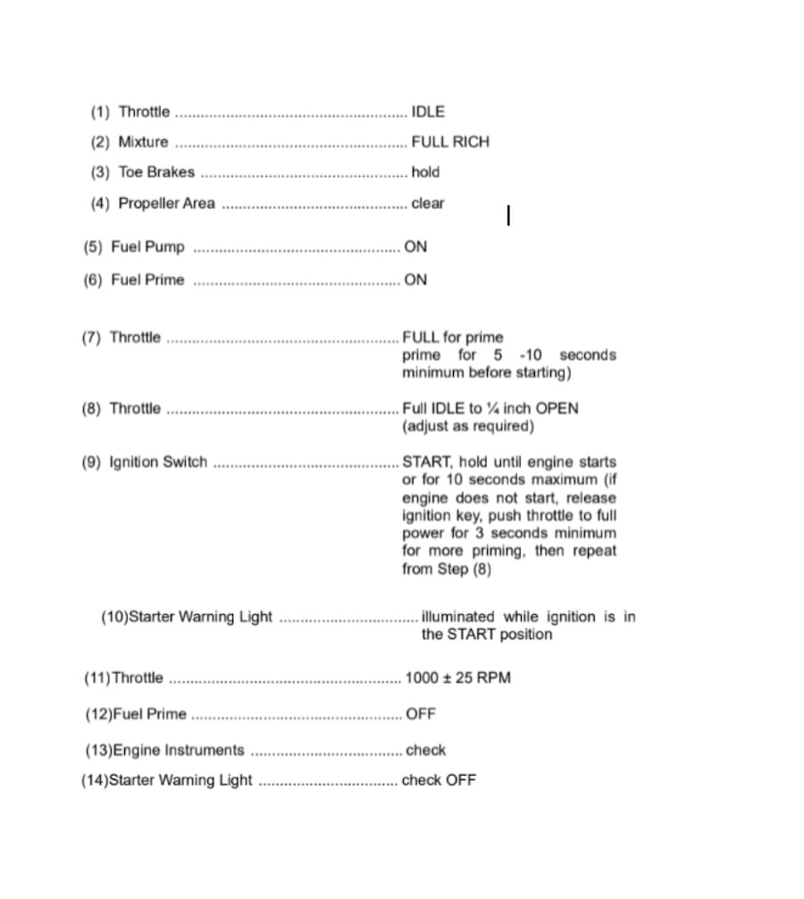 Checklist for cold starts at Diamond DA20