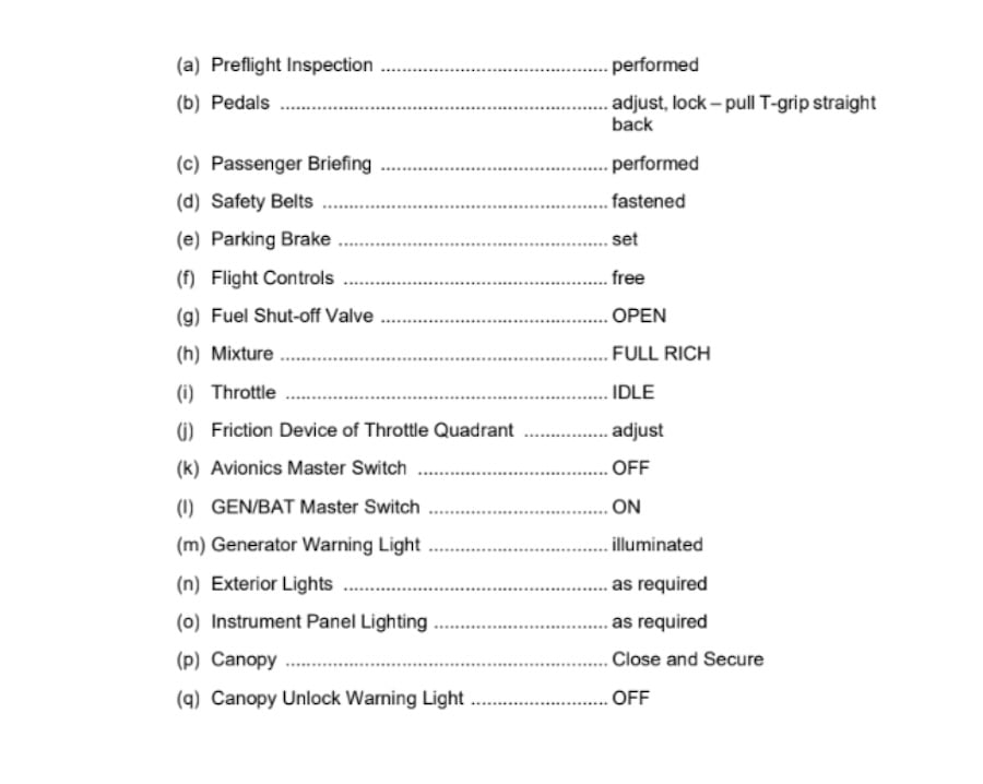 Checklist for the pre-flight inspection for Diamond DA20 aircraft